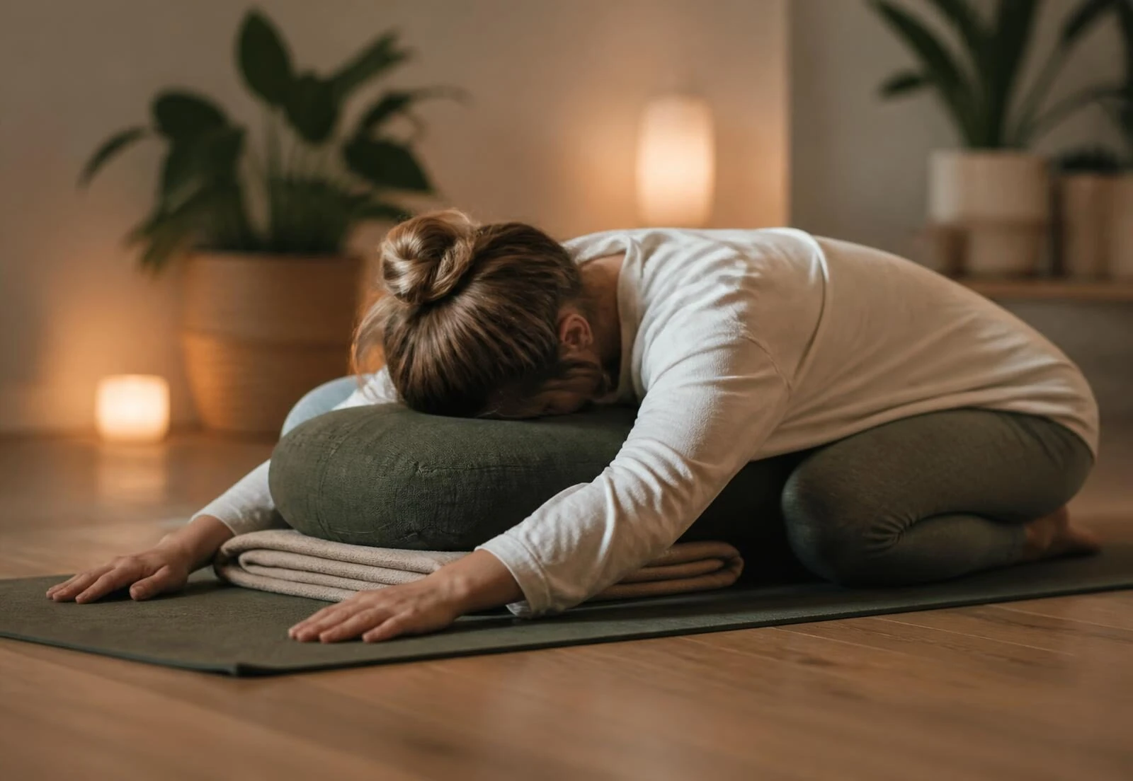 Yin yoga met bolster en deken in een warme studio